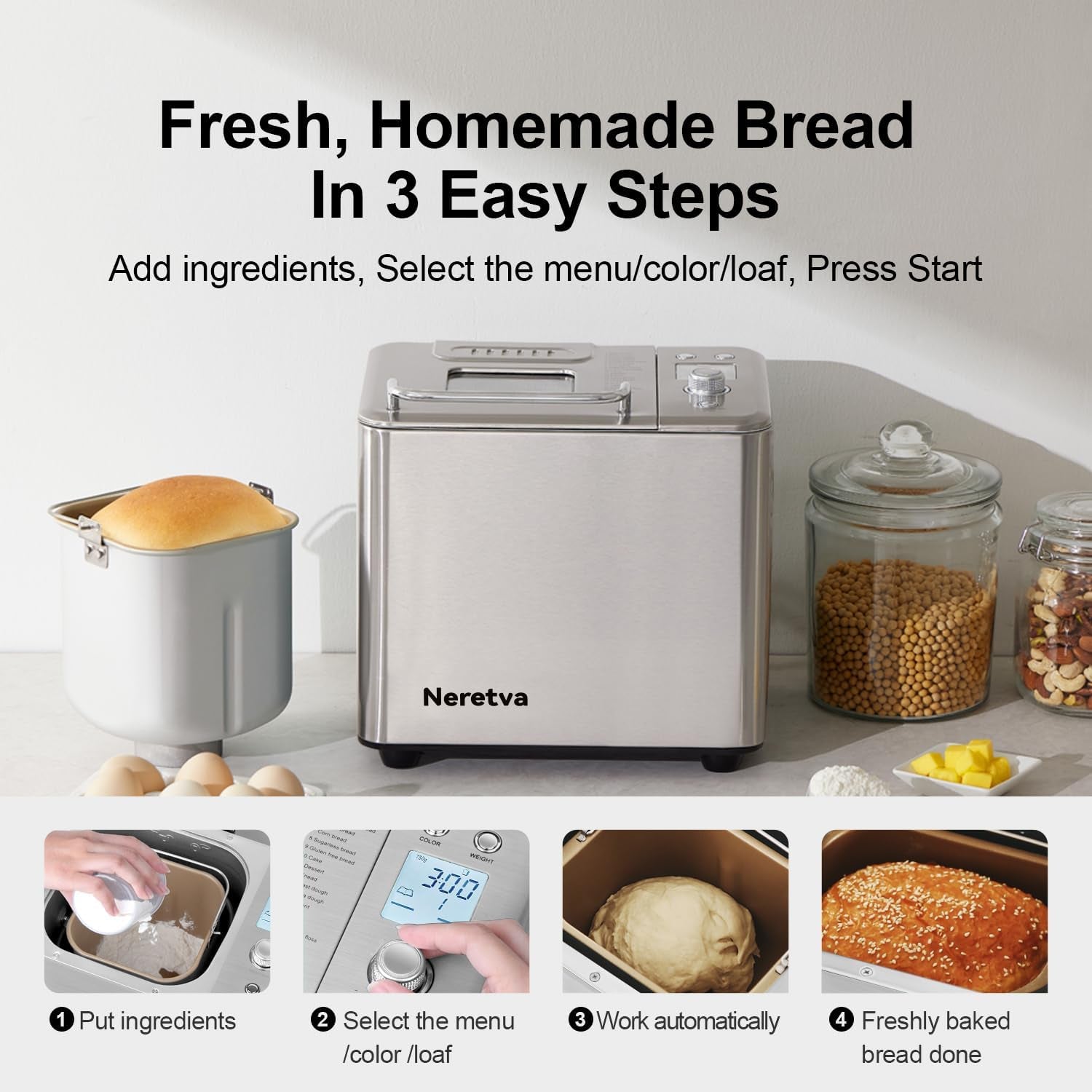 Neretva 20-IN-1 Bread Maker, Dual Heater 1.5LB/2LB Bread Machine Stainless Steel & Nonstick Ceramic Pan Compact Bread Maker Machines with Gluten Free White Wheat Rye French Pizza Recipe- Silver