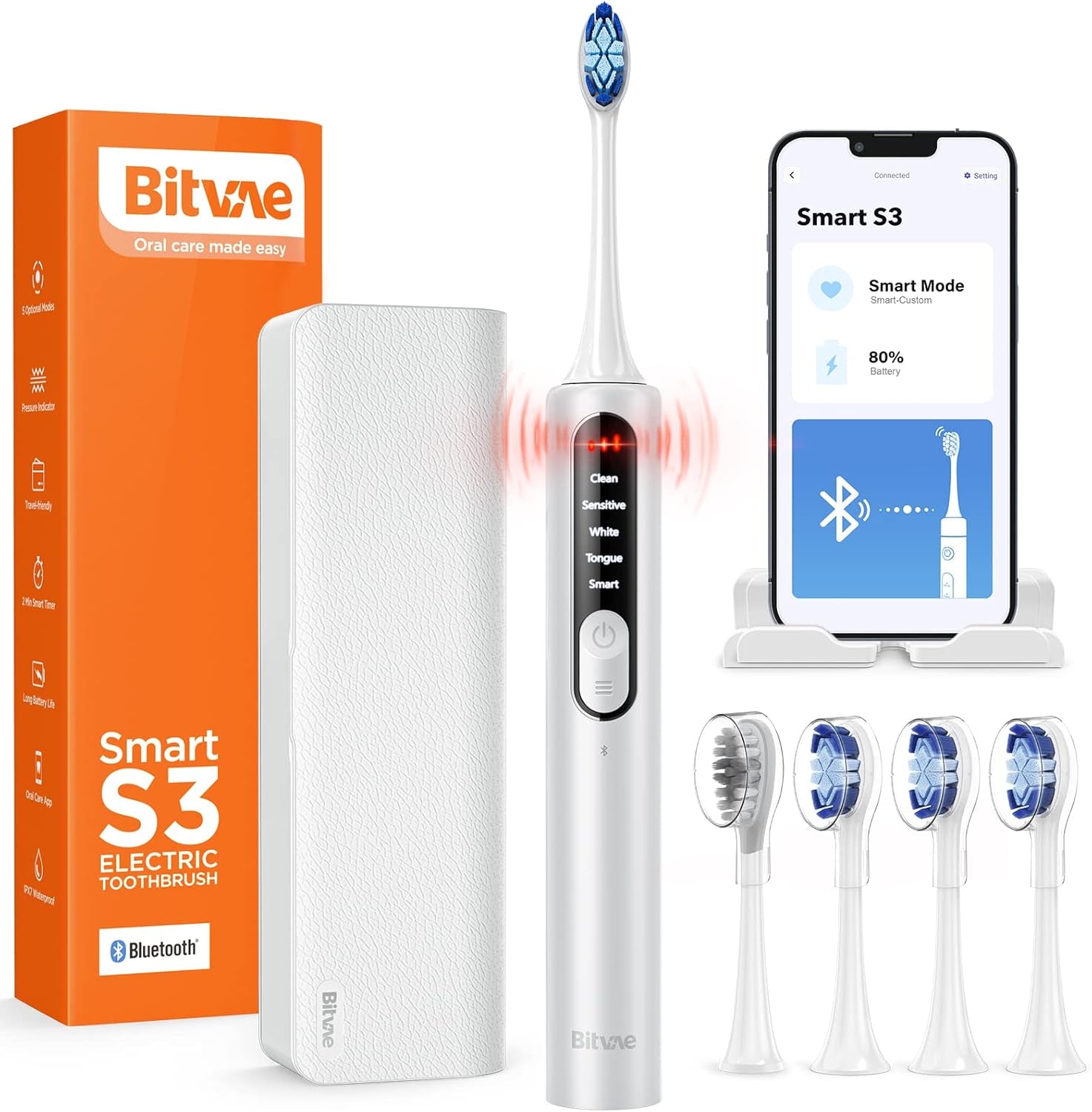 Bitvae Smart Sonic Electric Toothbrush with Pressure Sensor Silver White