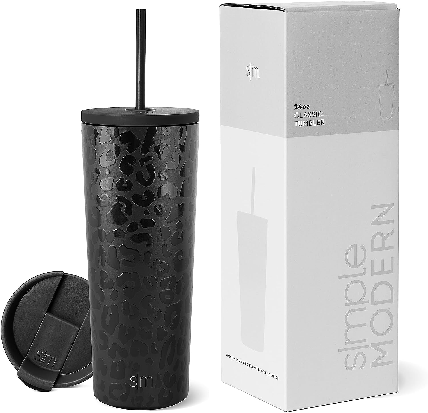 Simple Modern Insulated Tumbler with Lid and Straw | Iced Coffee Cup Reusable Stainless Steel Water Bottle Travel Mug | Gifts for Women Men Her Him | Classic Collection | 24Oz | Black Leopard