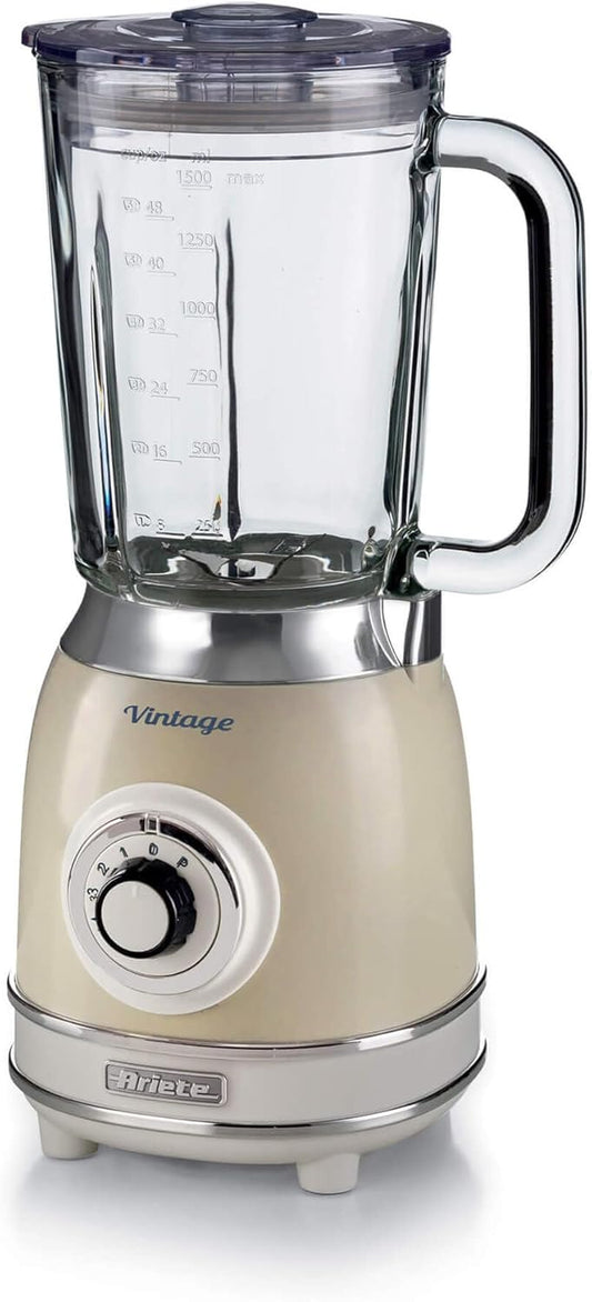 Ariete 583, Frullatore Vintage Con Tazza in Vetro Da 1,5 Litri, 4 Lame in Acciaio Inox, 4 Velocità + Pulse,1000 Watt, Beige