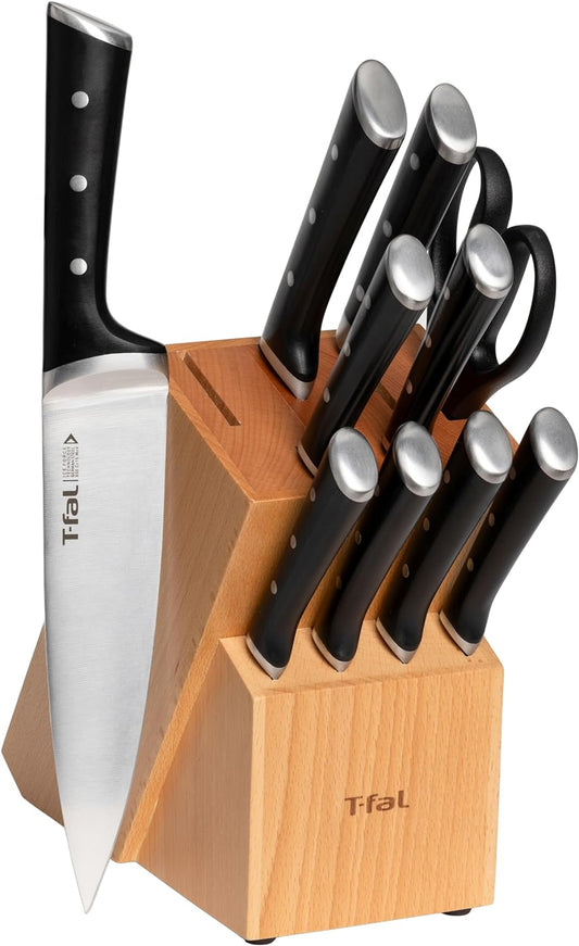 T-Fal Ice Force German Stainless Steel Kitchen Knife Set and Wood Block 11 Piece, Long Lasting Sharpness, High Cutting Precision, Superior Durability, Ultra Sharp Blades, Cookware Kitchen Gadget Black