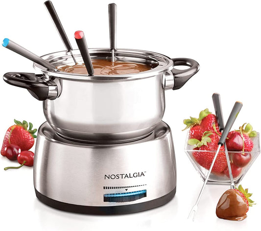 Nostalgia 6-Cup Electric Fondue Pot Set for Cheese & Chocolate - 6 Color-Coded Forks, Temperature Control - Stainless Steel Kitchen Gadgets and Appliances for Hors D'Oeuvres and More - Stainless Steel