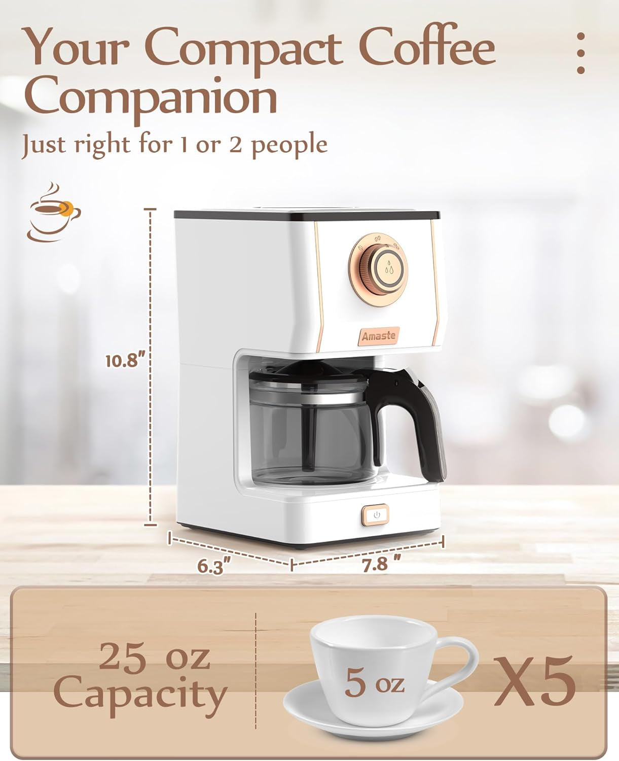 Amaste Retro Style Coffee Machine with 25 Oz Glass Coffee Pot, Reusable Coffee Filter & Three Brewing Modes, 30Minute-Warm-Keeping, Elegant White with Rose Gold