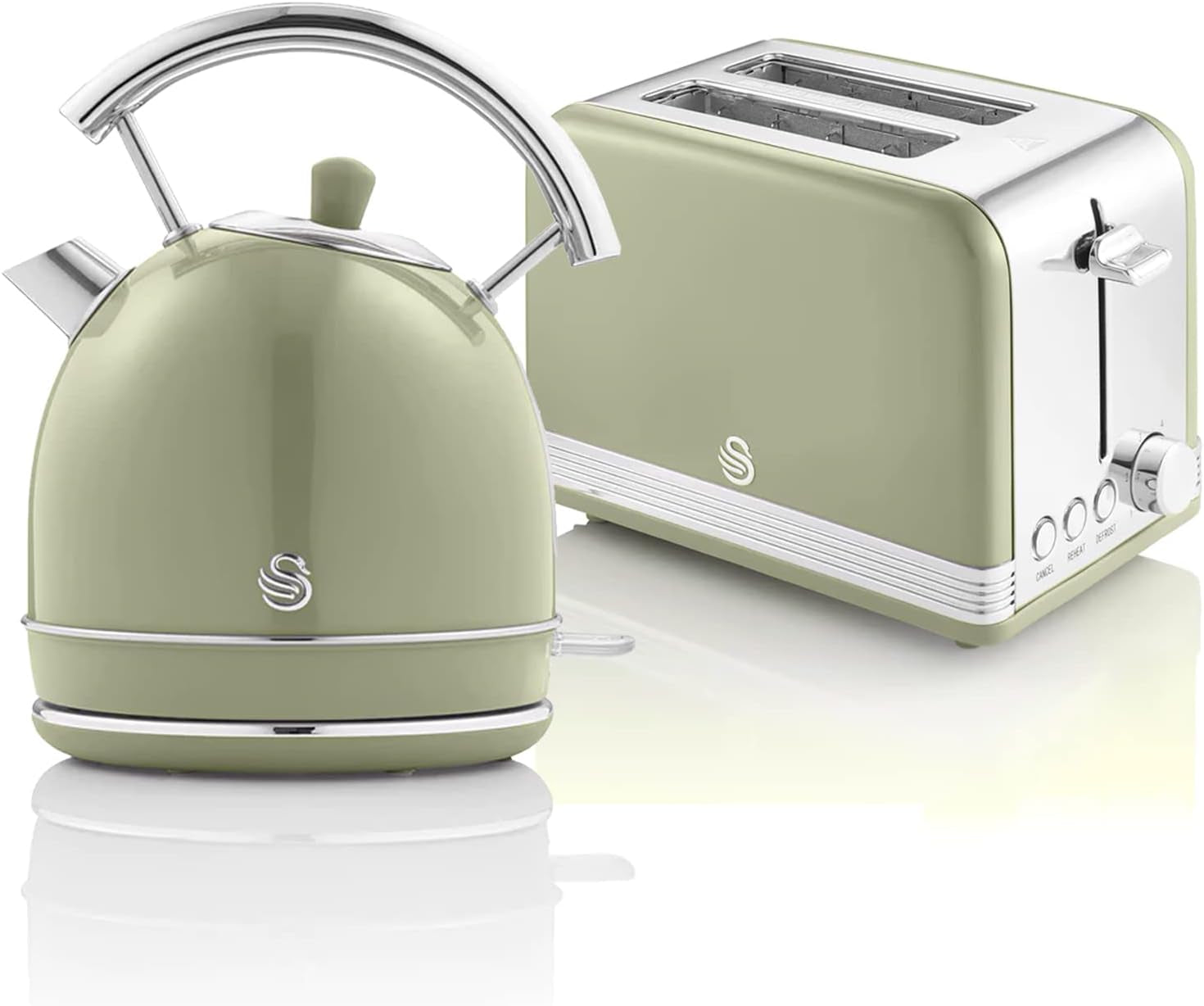 Swan Retro Breakfast Set Stainless Steel Kettle 1.8L & 2-Slice Toaster 6 Level Browning Control Green Color