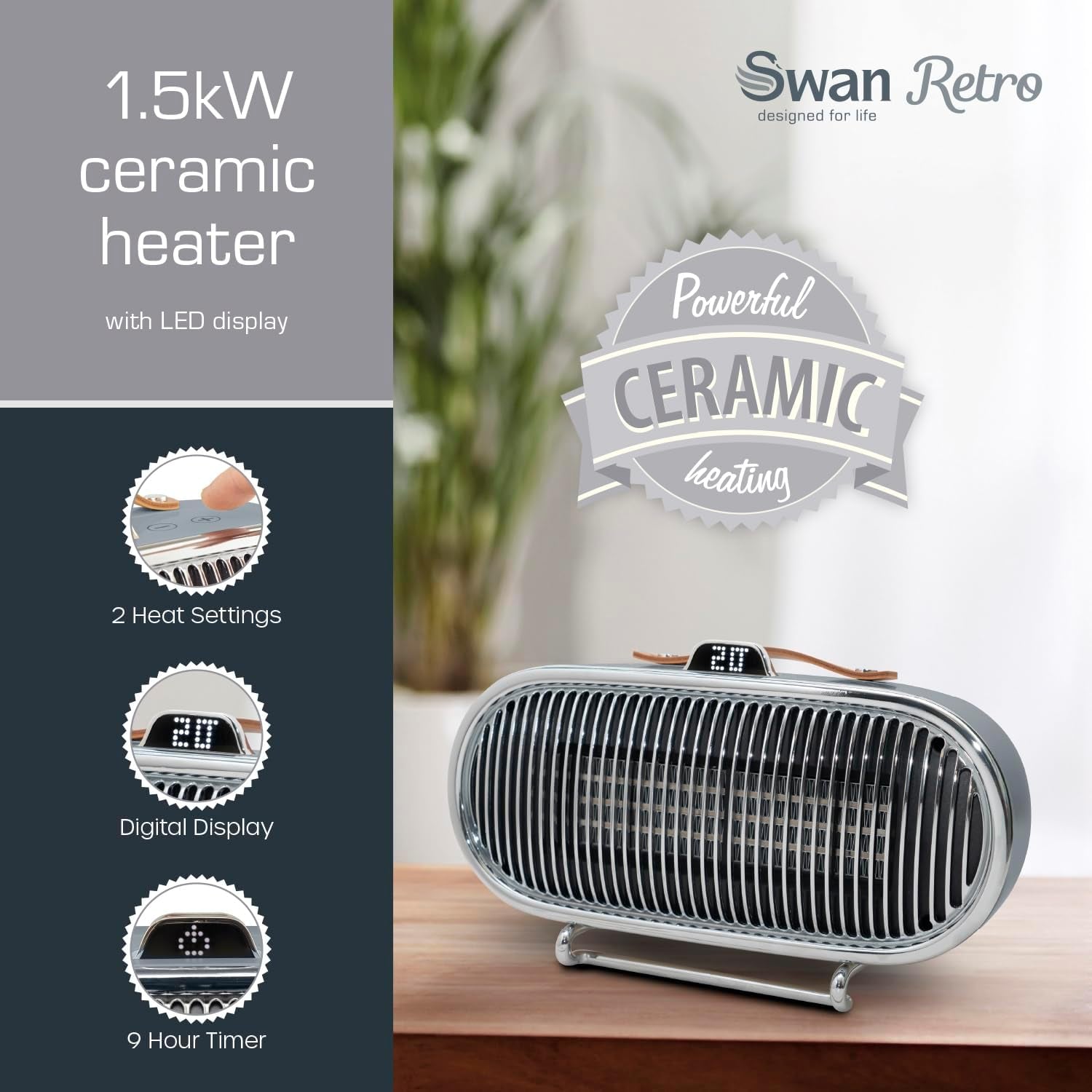 SH27032 Portable Retro Ceramic Heater with 2 Heat Settings, Smart Thermostat, Digital Display, 9 Hour Timer, Remote Control, 1.5Kw, Grey