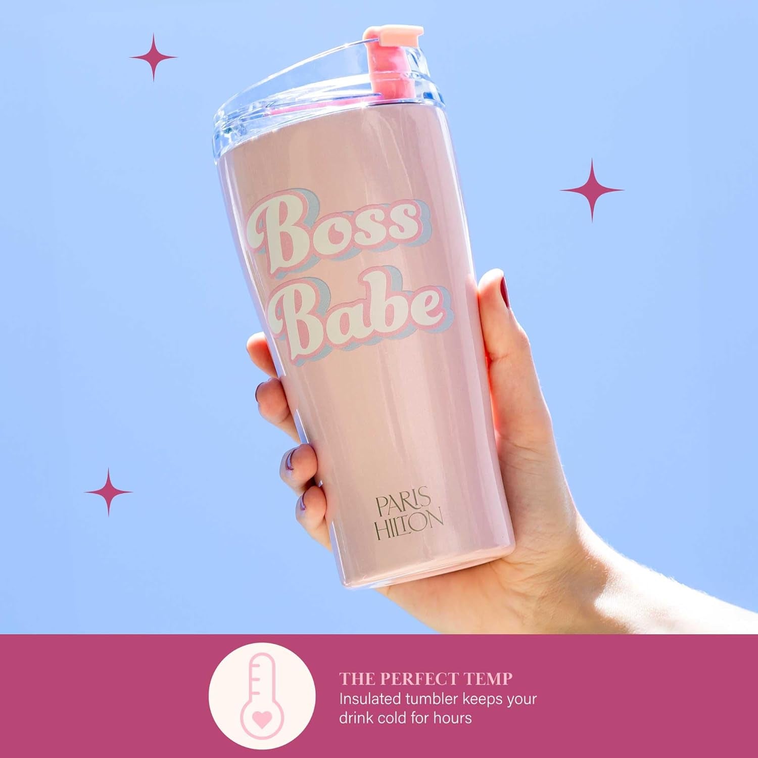 Paris Hilton Boss Babe Tumbler, Insulated Water Bottle with Leak-Proof, Flip-Top Lid, Stainless Steel Travel Cup Keeps Drinks Cold-24 Hours, Hot-8 Hours, 20-Ounce, Pink Iridescent