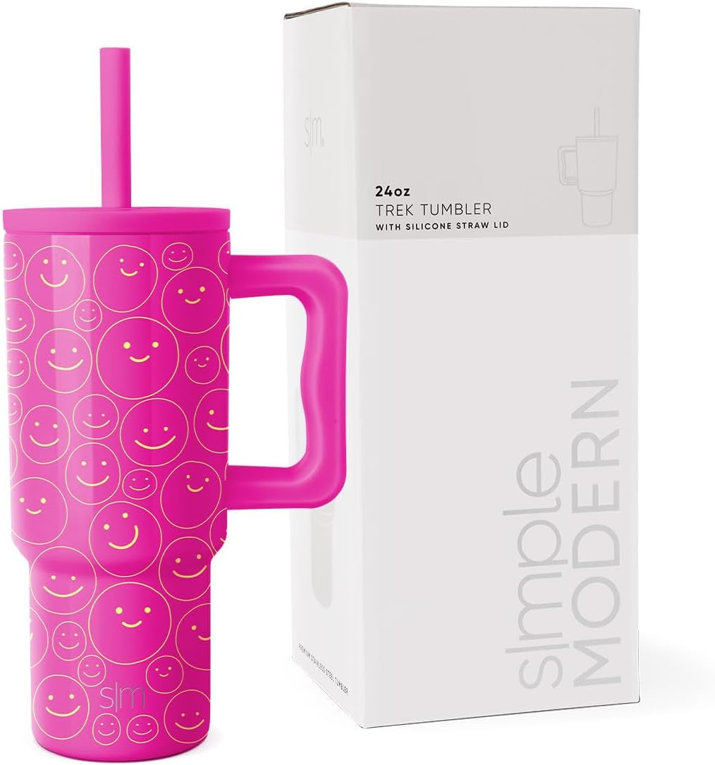 Simple Modern Kids 24 Oz Tumbler with Handle and Silicone Straw Lid | Spill Proof and Leak Resistant | Reusable Stainless Steel Bottle | Gift for Kids Boys Girls | Trek Collection | Happy Days