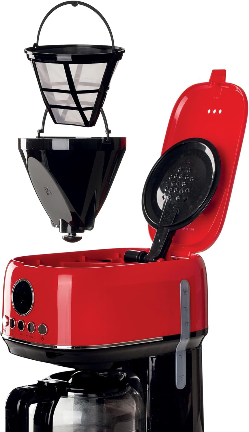 Ariete 1396 Macchina Da Caffè Con Filtro Moderna, Caffè Americano, Capacità Fino a 15 Tazze, Base Riscaldante, Display LCD, Filtri Estraibili E Lavabili, Rosso