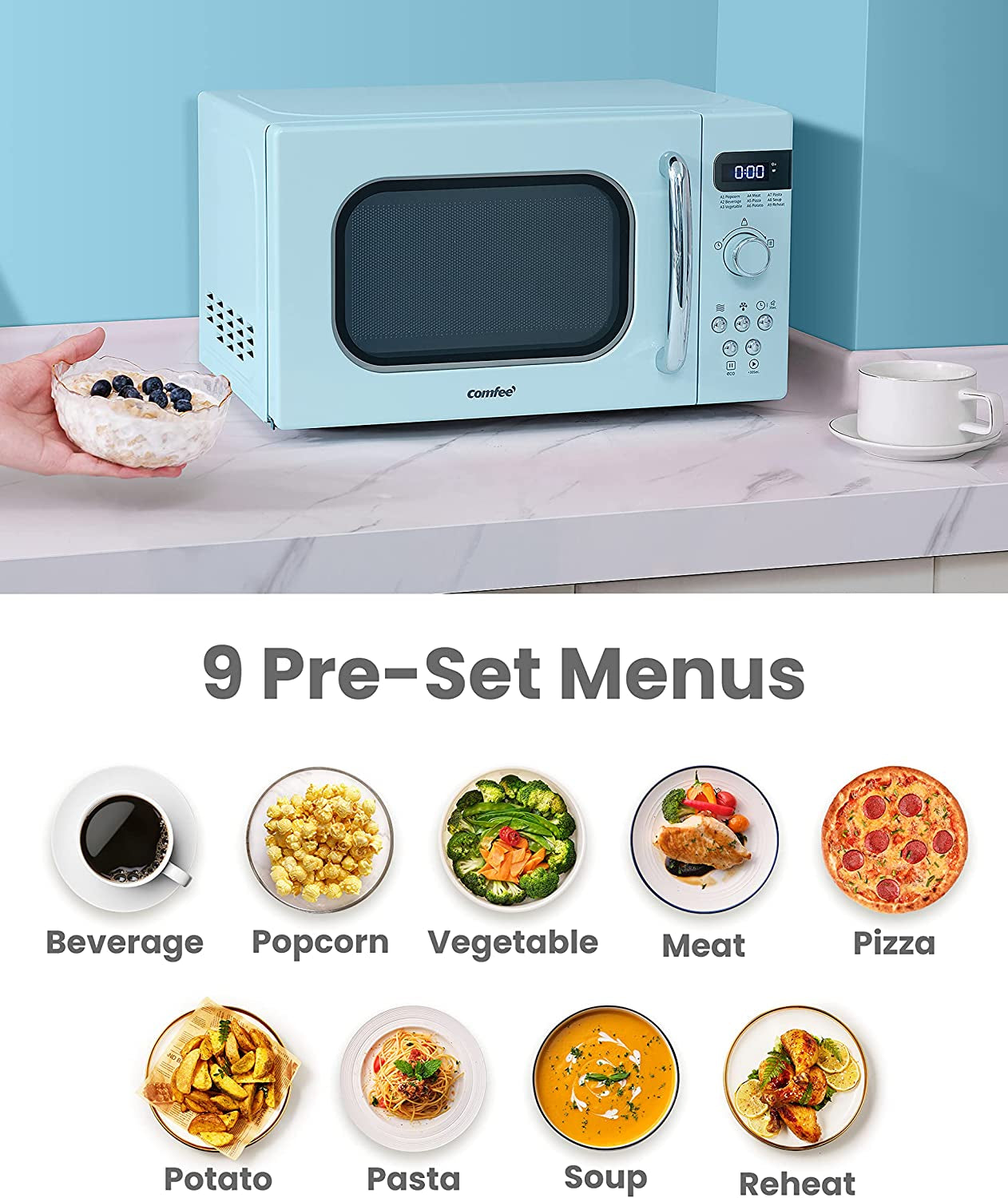 COMFEE' Retro Small Microwave Oven with Compact Size, 9 Preset Menus, Position-Memory Turntable, Mute Function, Countertop Microwave for Small Spaces, 0.7 Cu Ft/700W, Green, AM720C2RA-G