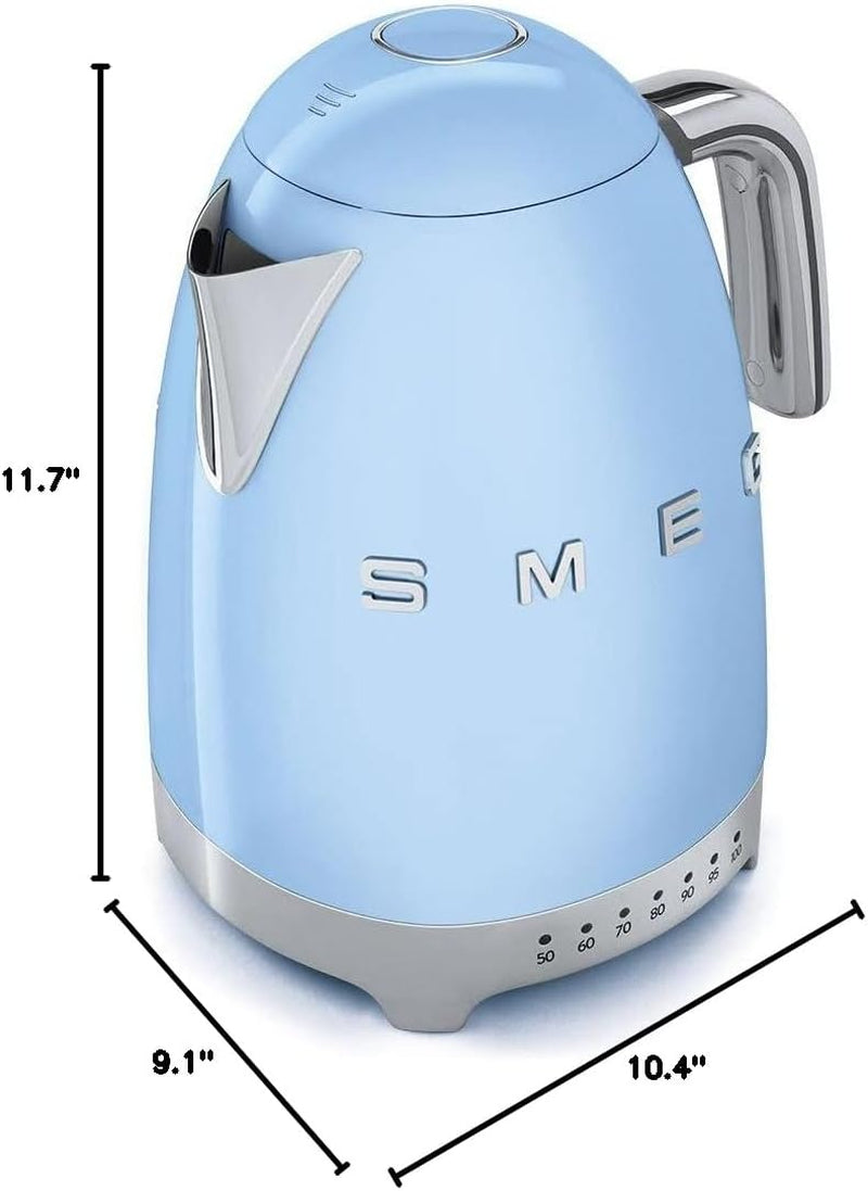 Smeg 50'S Retro 7 Cup Stainless Steel Variable Temperature Electric Kettle with 7 Temperature Settings, Led Display, Swivel Base and Keep Warm Function Pastel Blue KLF04BLUS