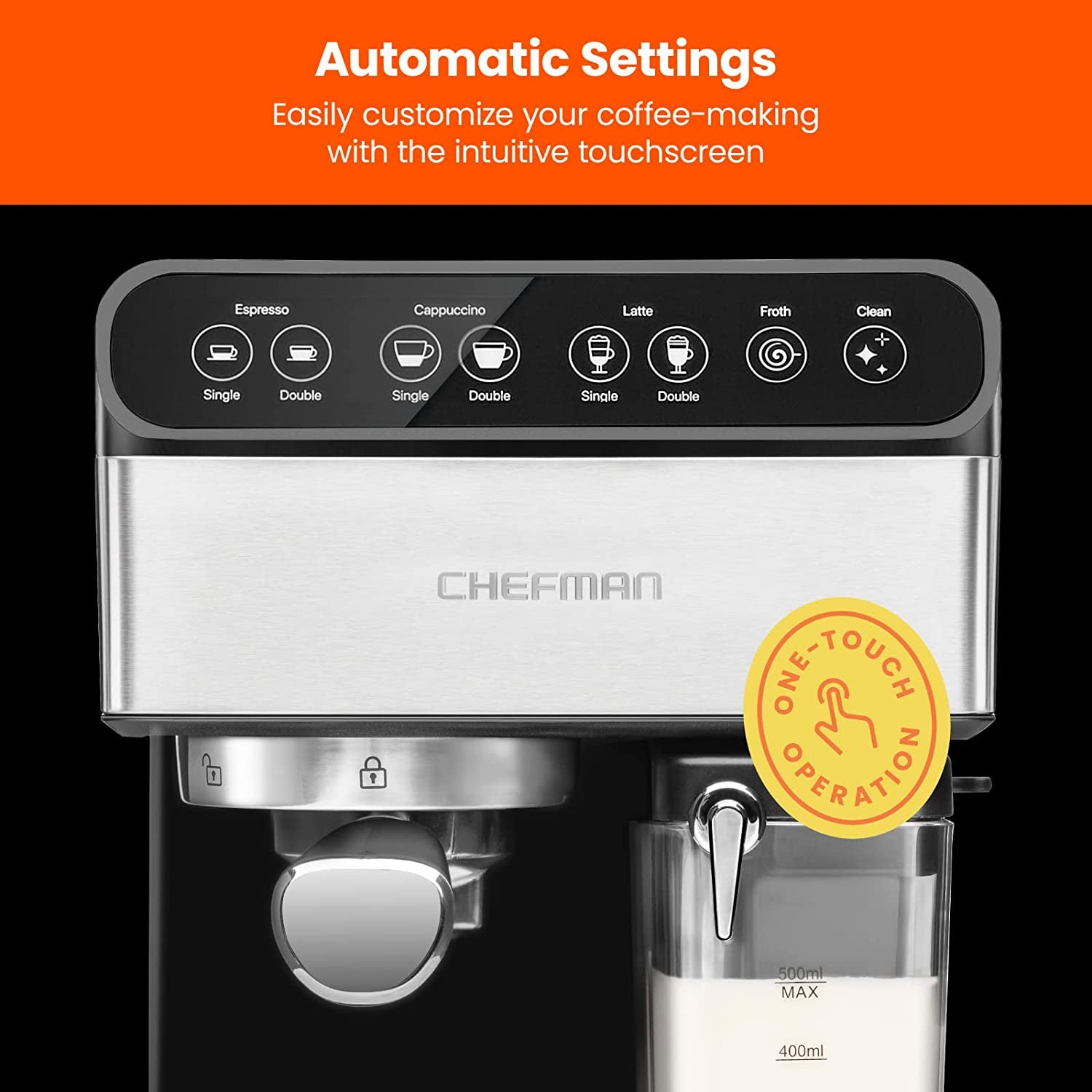 Chefman 6-In-1 Espresso Machine with Built-In Milk Frother, 15-BAR Pump, Digital Display, One-Touch Single or Double Shot for Cappuccinos and Lattes, XL 1.8-L Water Reservoir, Stainless Steel