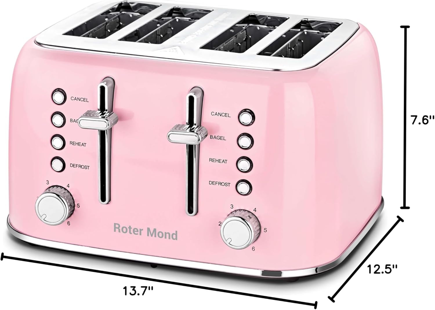 Roter Mond Retro Stainless Steel Toaster 4 Slice Extra Wide 6 Browning Levels Pink