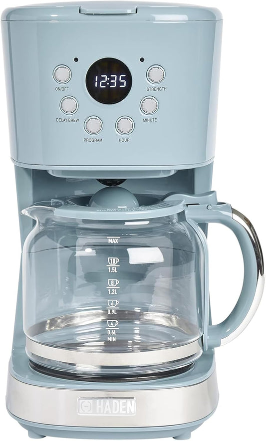 Haden Brighton Coffee Machine, 12 Cup Programmable Drip Coffee Maker with Auto Shut-Off Function and Reusable Washable Water Filter, Sky Blue & Chrome