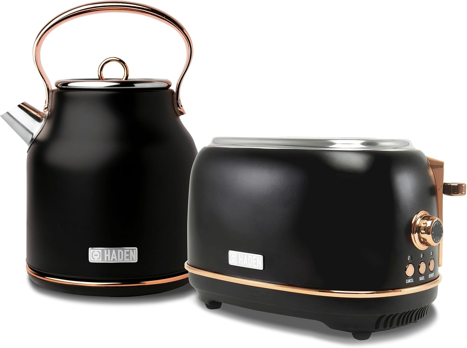 Haden Heritage 1.7 Liter Stainless Steel Electric Water Kettle Bundled with 2 Slice Wide Slot Stainless Steel Toaster, Black & Copper