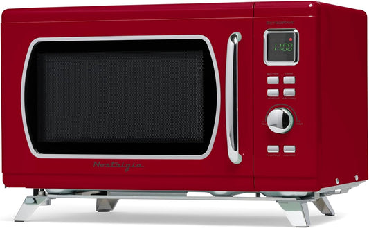 Nostalgia Mid-Century Retro Countertop Microwave Oven - Large 900-Watt - 0.9 Cu Ft - 8 Pre-Programmed Cooking Settings - Digital Clock - Kitchen Appliances - Red