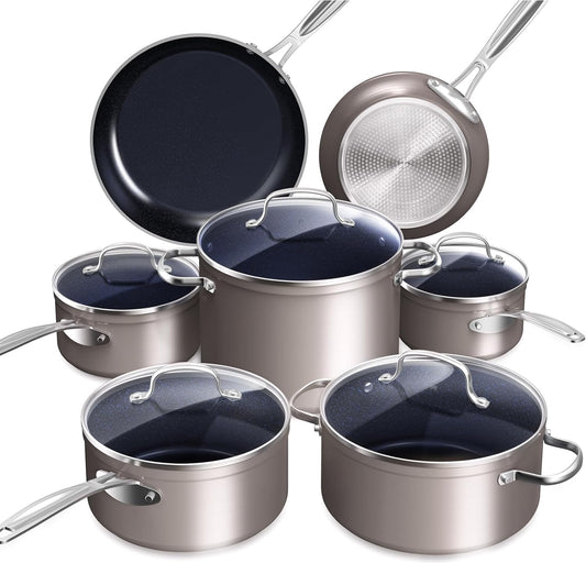 Nuwave Healthy Duralon Blue Ceramic Nonstick Cookware Set, Diamond Infused Scratch-Resistant, PFAS Free, Dishwasher & Oven Safe, Induction Ready & Evenly Heats, Tempered Glass Lids & Stay-Cool Handles