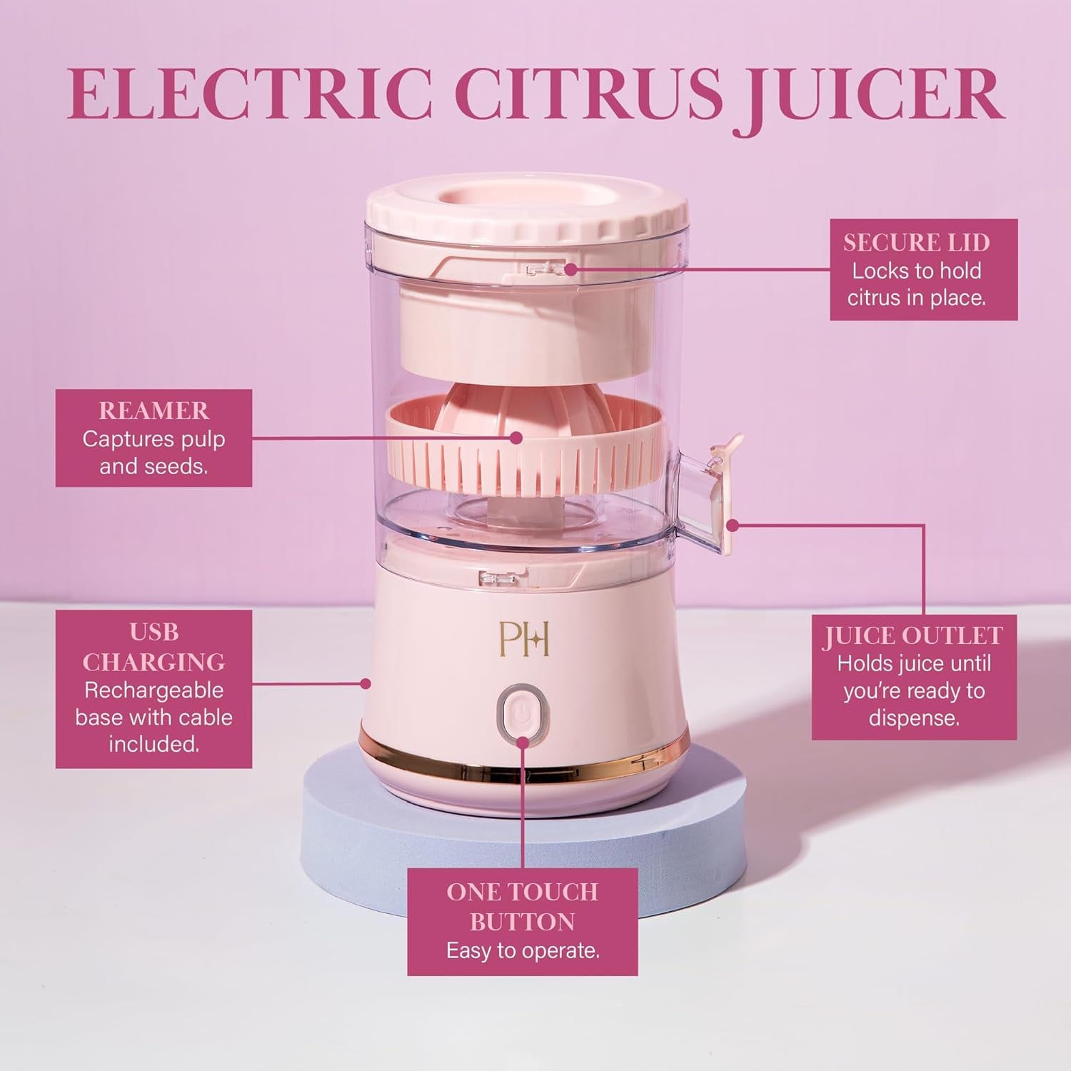 Paris Hilton Electric Citrus Juicer, Mini Portable Cordless Juicer with USB Rechargeable Base, One-Touch Button, Compact Lemon, Lime and Orange Juicer, Pink