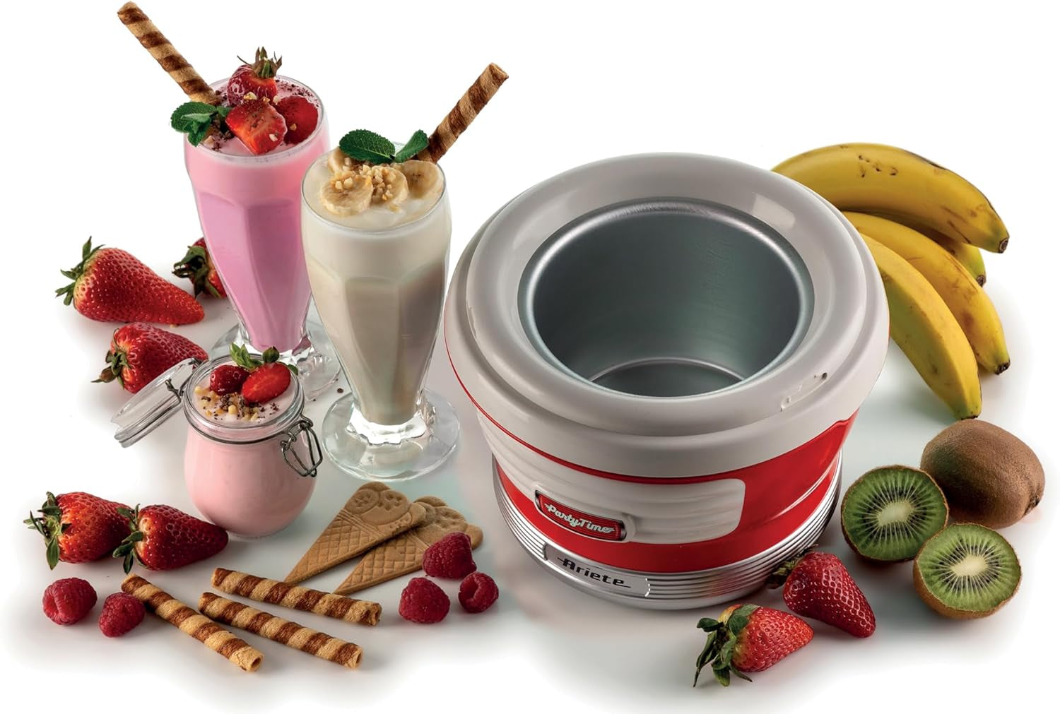 Ariete 643 Ice Cream Maker Party Time, Macchina per Fare Il Gelato, 12W, Capacità 1,5 L, Cestello Estraibile Con Doppio Isolamento, Tempo Preparazione 30 Minuti, Coperchio per Aggiunta Ingredienti,