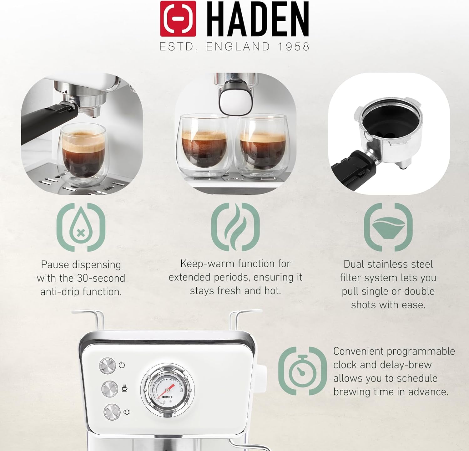 HADEN Barista Brew Espresso Coffee Machine Stainless Steel with Milk Frother and Steamer Function and 1.5L Water Tank Ivory & Copper