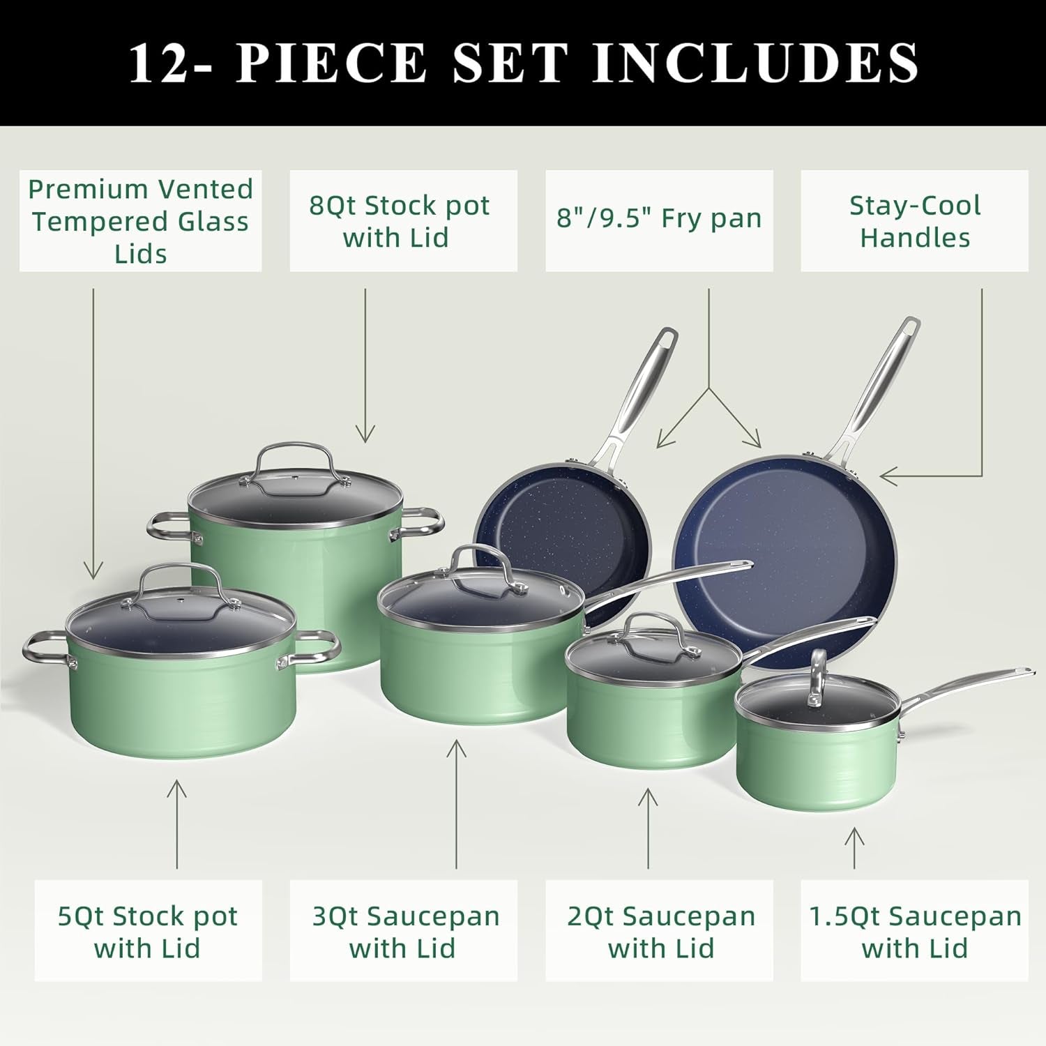 Nuwave Healthy Duralon Blue Ceramic Nonstick Cookware Set, Diamond Infused Scratch-Resistant, PFAS Free, Dishwasher & Oven Safe, Induction Ready & Evenly Heats, Tempered Glass Lids & Stay-Cool Handles