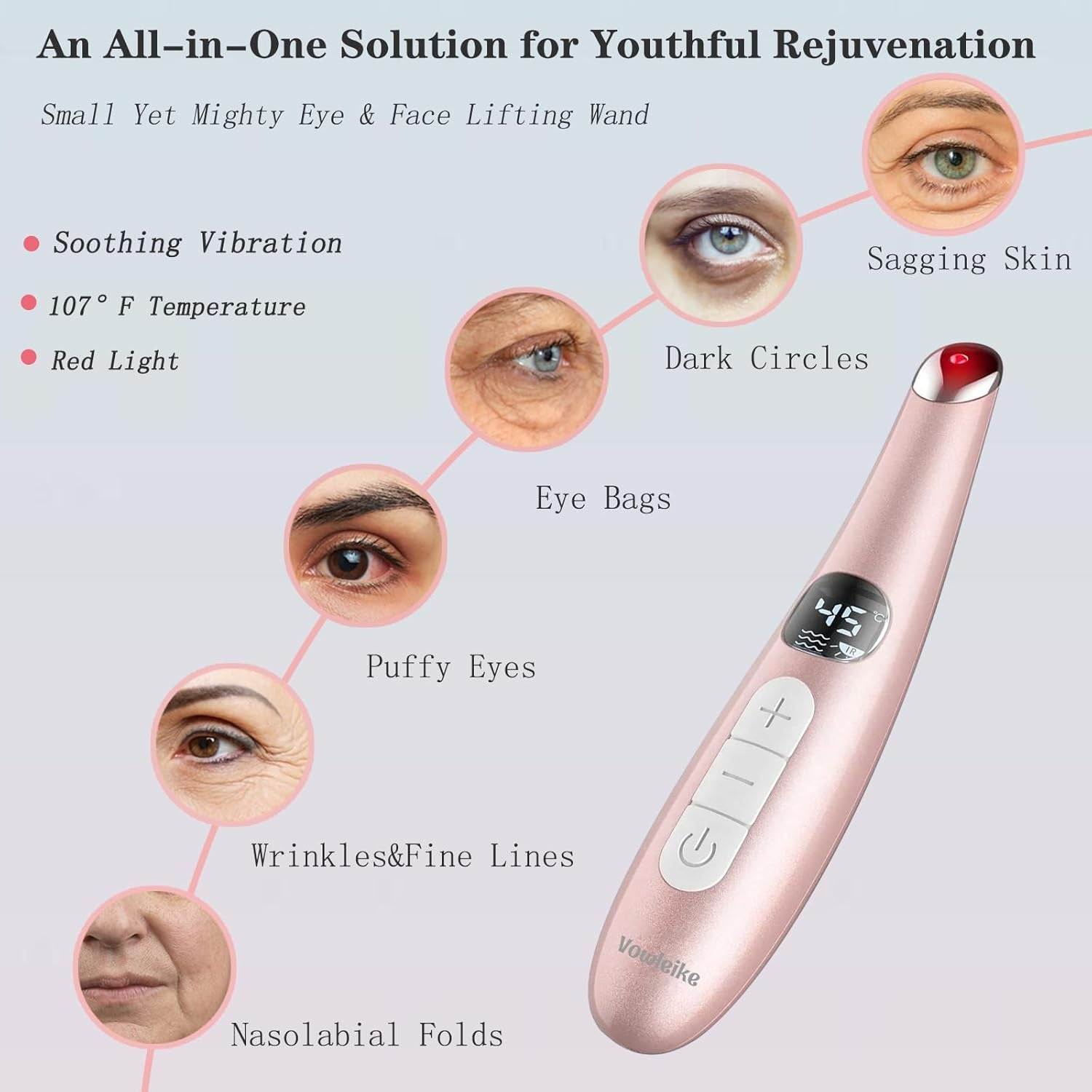 Vowleike Eye Lift Wand 3 in 1 Vibrating 98°F to 113°F LCD Eye Massager for Dry Eyes | Dark Circles and Puffiness Rose Gold