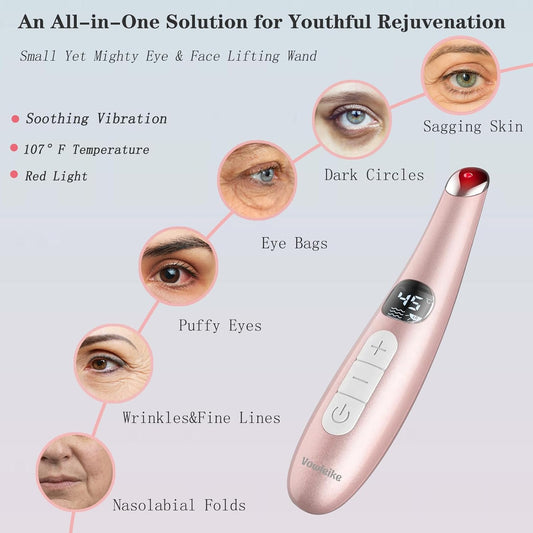 Vowleike Eye Lift Wand 3 in 1 Vibrating 98°F to 113°F LCD Eye Massager for Dry Eyes | Dark Circles and Puffiness Rose Gold