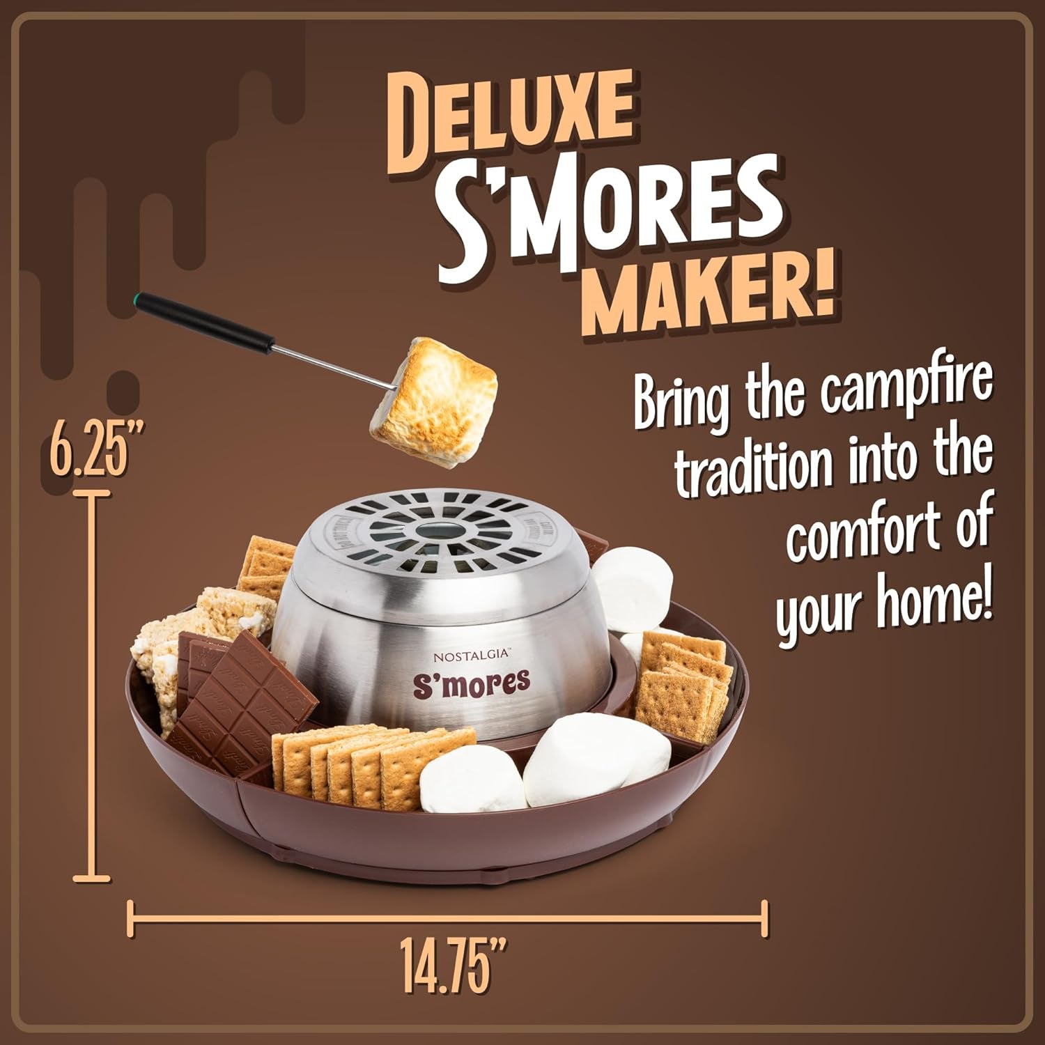 Nostalgia Indoor Electric Stainless Steel S'Mores Maker with 4 Lazy Susan Compartment Trays for Graham Crackers, Chocolate, Marshmallows and 4 Roasting Forks, Brown