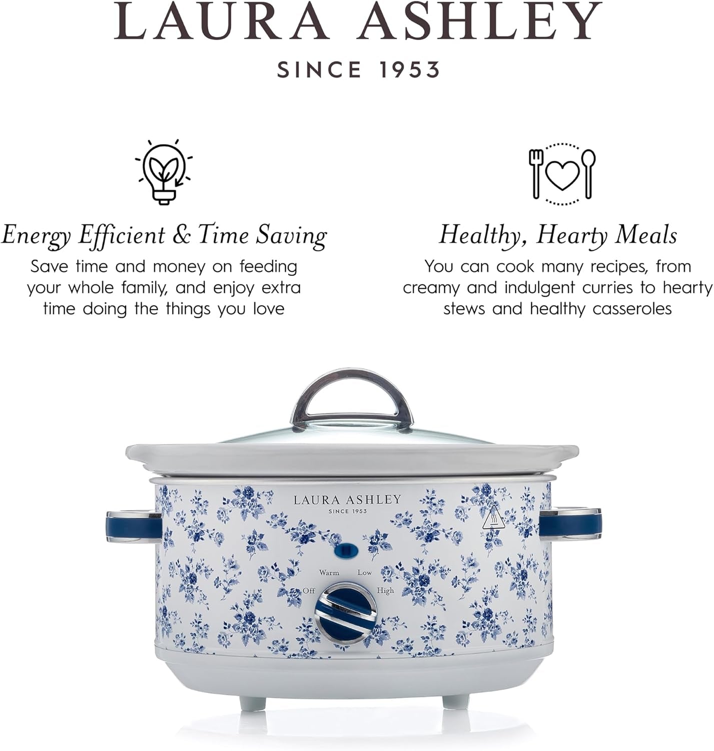 Laura Ashley Slow Cooker 3.7 Quart - Large Slow Cooker 3.7 QT for 4 to 5 People - Energy Efficient Slow Cookers with 3 Heat Settings - Dishwasher Safe Removeable Ceramic Crock & Tempered Glass Lid