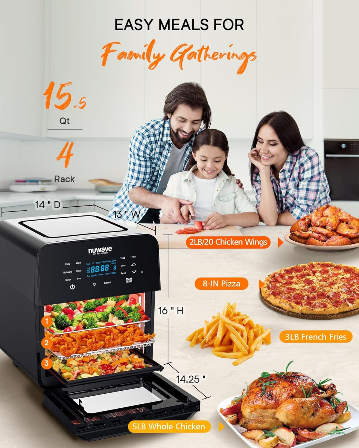 Nuwave Brio 15.5Qt Air Fryer Toaster Oven & Rotisserie Kit, 2024 New Advanced Turbo Convection Tech, Healthy PFAS Free, Max Even & Crisp, Powerful 1800W, 50-425°F, 150 Presets, Smart Probe, 4 Rack