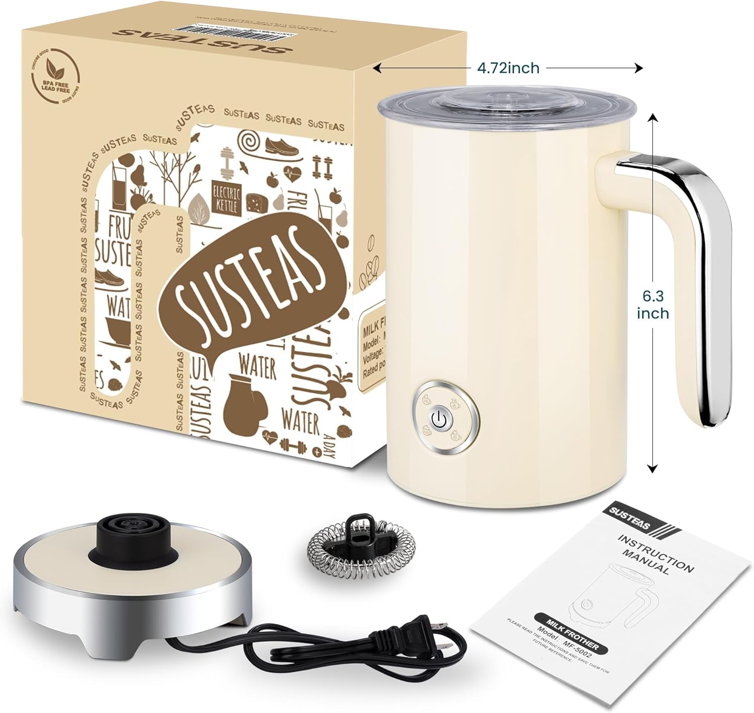 SUSTEAS Milk Frother and Steamer, Electric 4 in 1 Warm and Cold Foam Maker, Automatic Shut-Off Frother with Two Whisks for Latte, Cappuccino, Hot Chocolate, 500W, Beige, 8Oz/240Ml