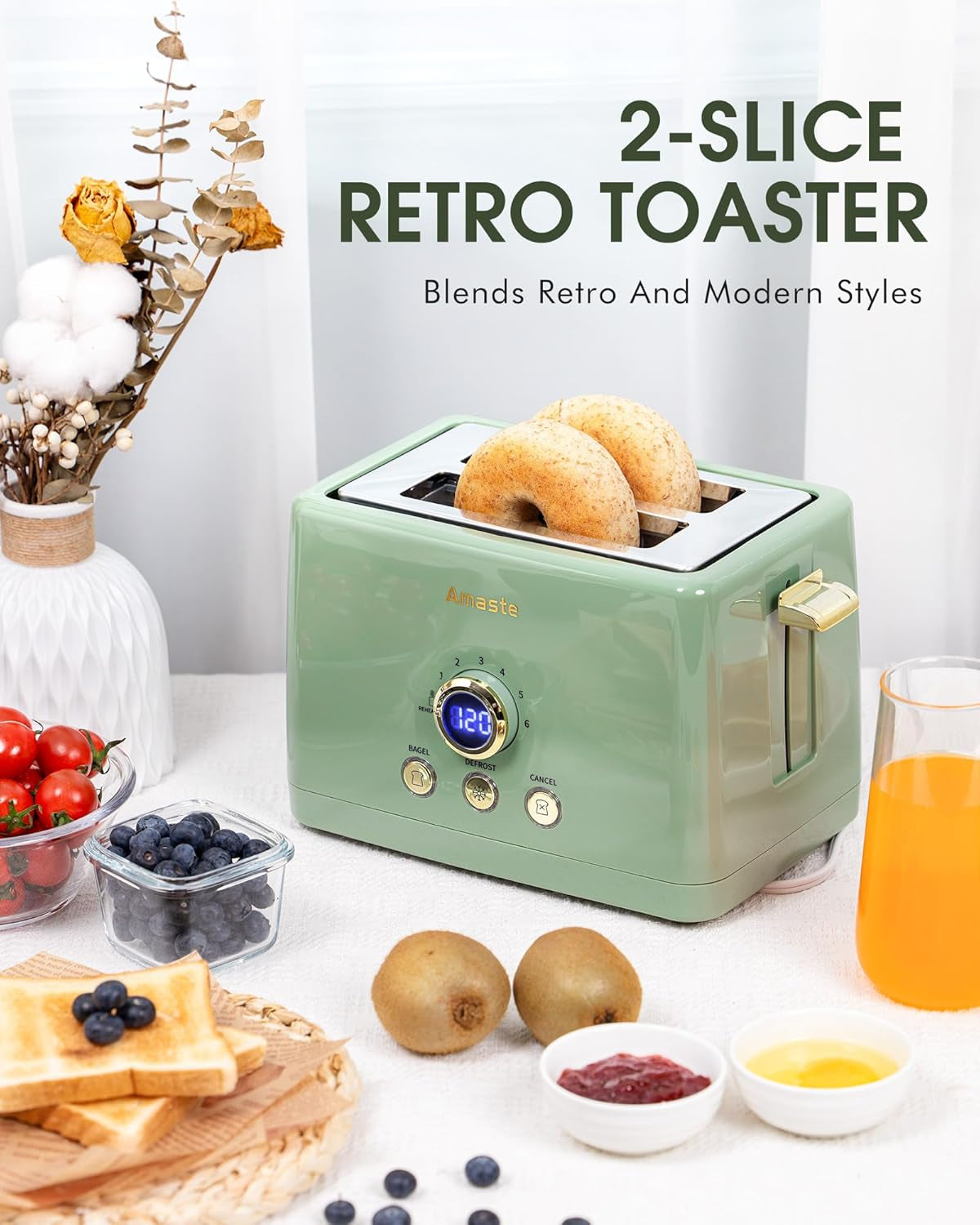 2 Slice Toaster, Retro Bread Toaster with LED Digital Countdown Timer, Extra Wide Slots Toasters with 6 Bread Shade Settings, Bagel, Cancel, Defrost Function, High Lift Lever, Removal Crumb Tray