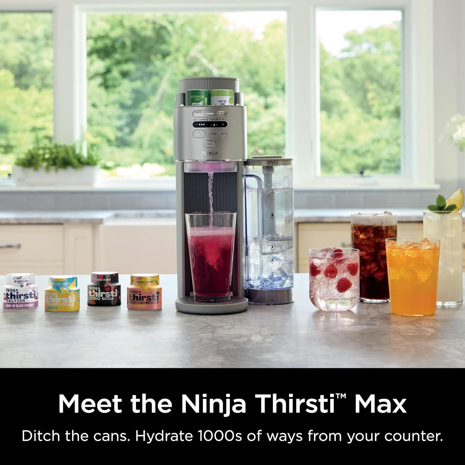 Ninja Thirsti Max Custom Hydration System, Soda Maker, Sparkling Water Maker, Custom Still & Sparkling Drinks, Compact Design, with 60L CO₂ Cylinder & Flavored Water Drops, Silver WC2002