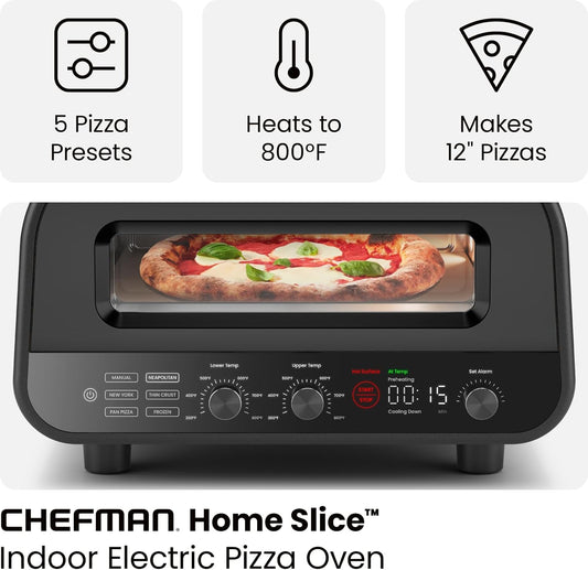 CHEFMAN Indoor Pizza Oven - Makes 12 Inch Pizzas in Minutes, Heats up to 800°F - Countertop Electric Pizza Maker with 5 Touchscreen Presets, Pizza Stone and Peel Included - Stainless Black