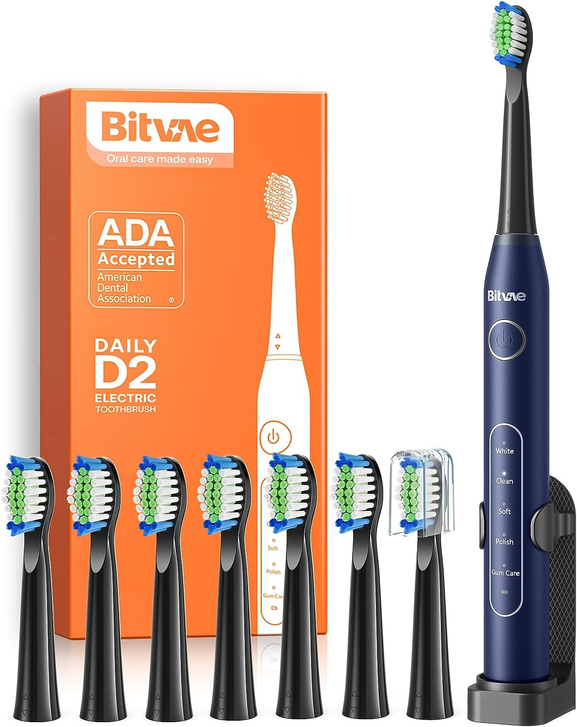 Bitvae Electric Toothbrush Rechargeable Power 8 Heads Midnight Blue