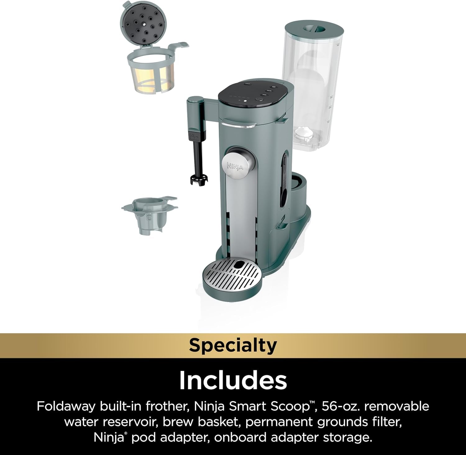 Ninja Pods & Grounds Specialty Single-Serve Coffee Maker, K-Cup Pod Compatible, Built-In Milk Frother, 6-Oz. Cup to 24-Oz. Travel Mug Sizes, Iced Coffee Maker, 1550 Watts, Sage Green, PB051SG