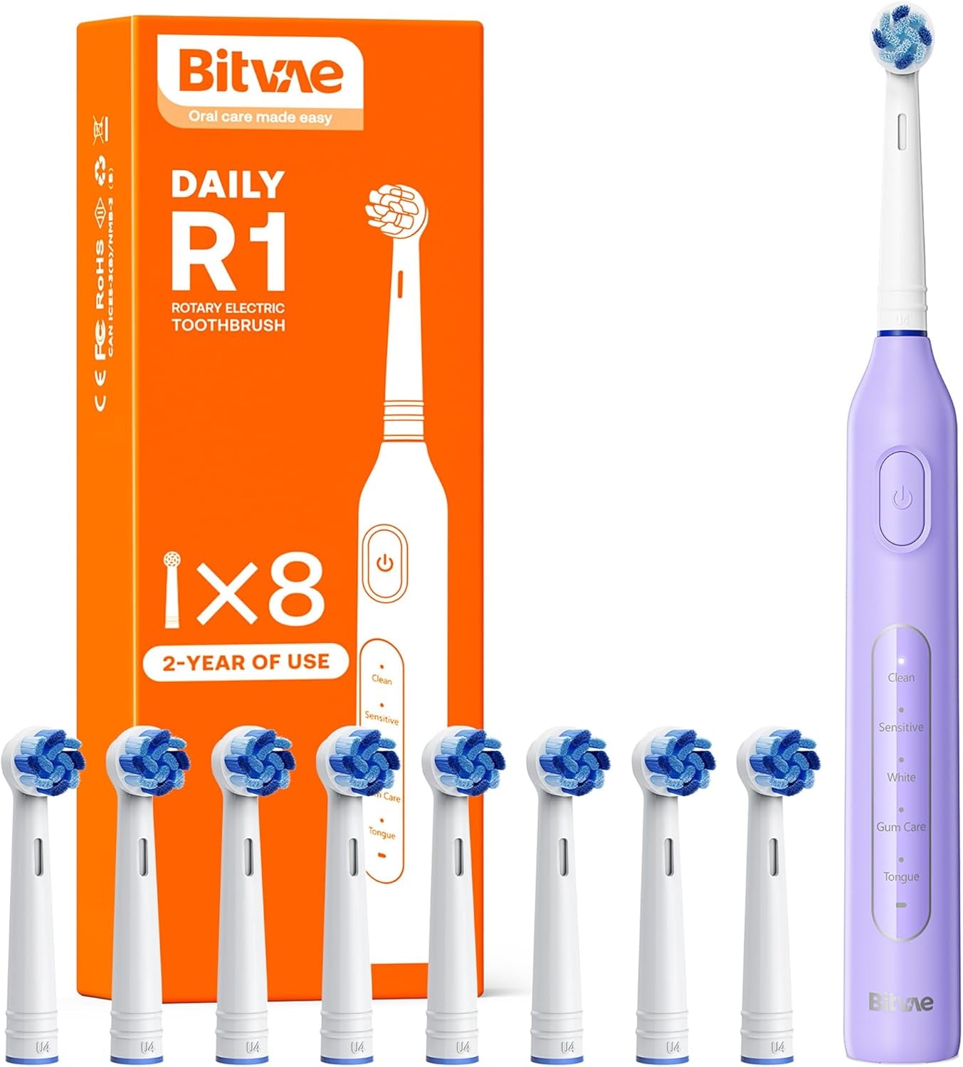 Bitvae Electric Toothbrush 8 Brush 5 Modes Brushing Purple