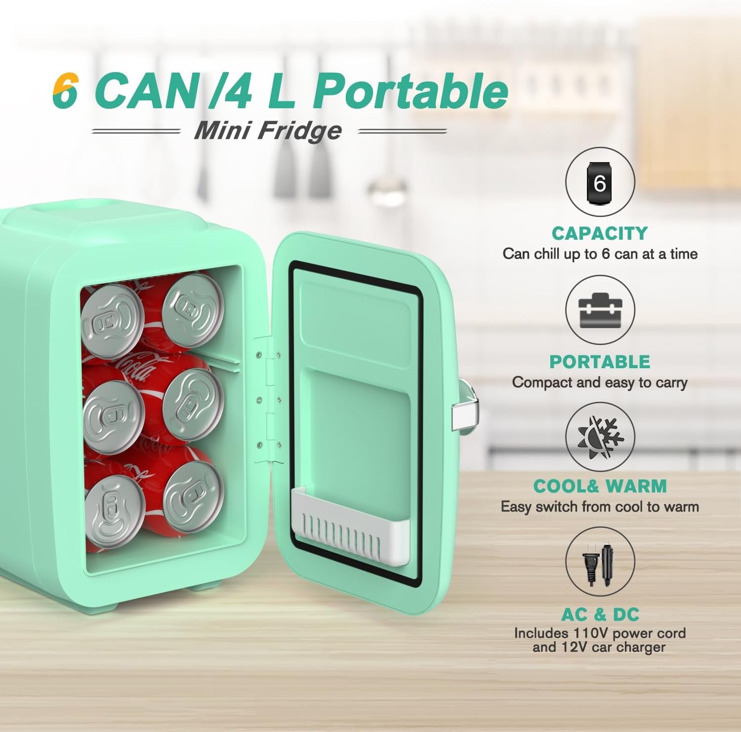 CROWNFUL Mini Fridge 4 Liter 6 Can Portable Cooler and Warmer Fridge for Skin Care & Cosmetics (Green)