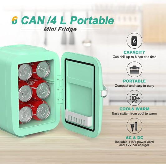 CROWNFUL Mini Fridge 4 Liter 6 Can Portable Cooler and Warmer Fridge for Skin Care & Cosmetics (Green)