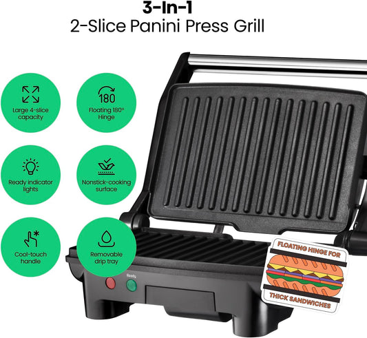 Chefman Electric Panini Press Grill and Gourmet Sandwich Maker W/ Non-Stick Coated Plates, Opens 180 Degrees to Fit Any Type or Size Food, Dishwasher Safe Removable Drip Tray, Stainless Steel/Black