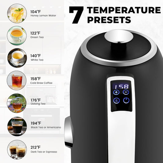 SUSTEAS Electric Kettle Temperature Control - 57Oz Hot Water Boiler with Thermometer, 1500W Fast Heating Stainless Steel Tea Kettles, Cordless LED Indicator, Auto Shut-Off & Boil Dry Protection,Black