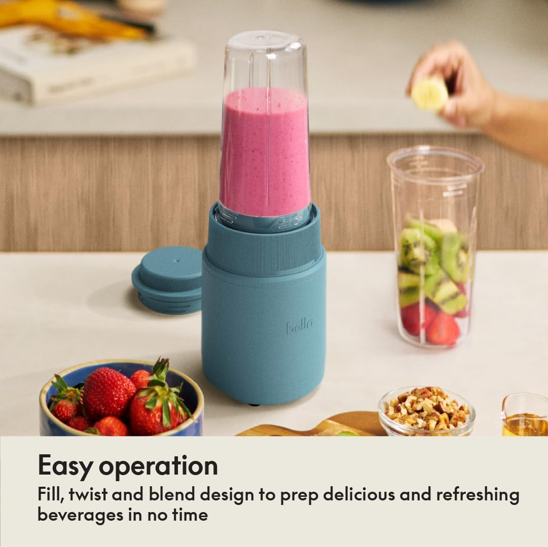 Bella 6 Pcs Portable Rocket Blender, Juicer & Smoothie Maker, Press & Twist Design, Evergood™ & BPA Free Dishwasher Safe Parts, 4 Tip Stainless Steel Blade, Cord Wrap, 240 Watt Motor, Surf