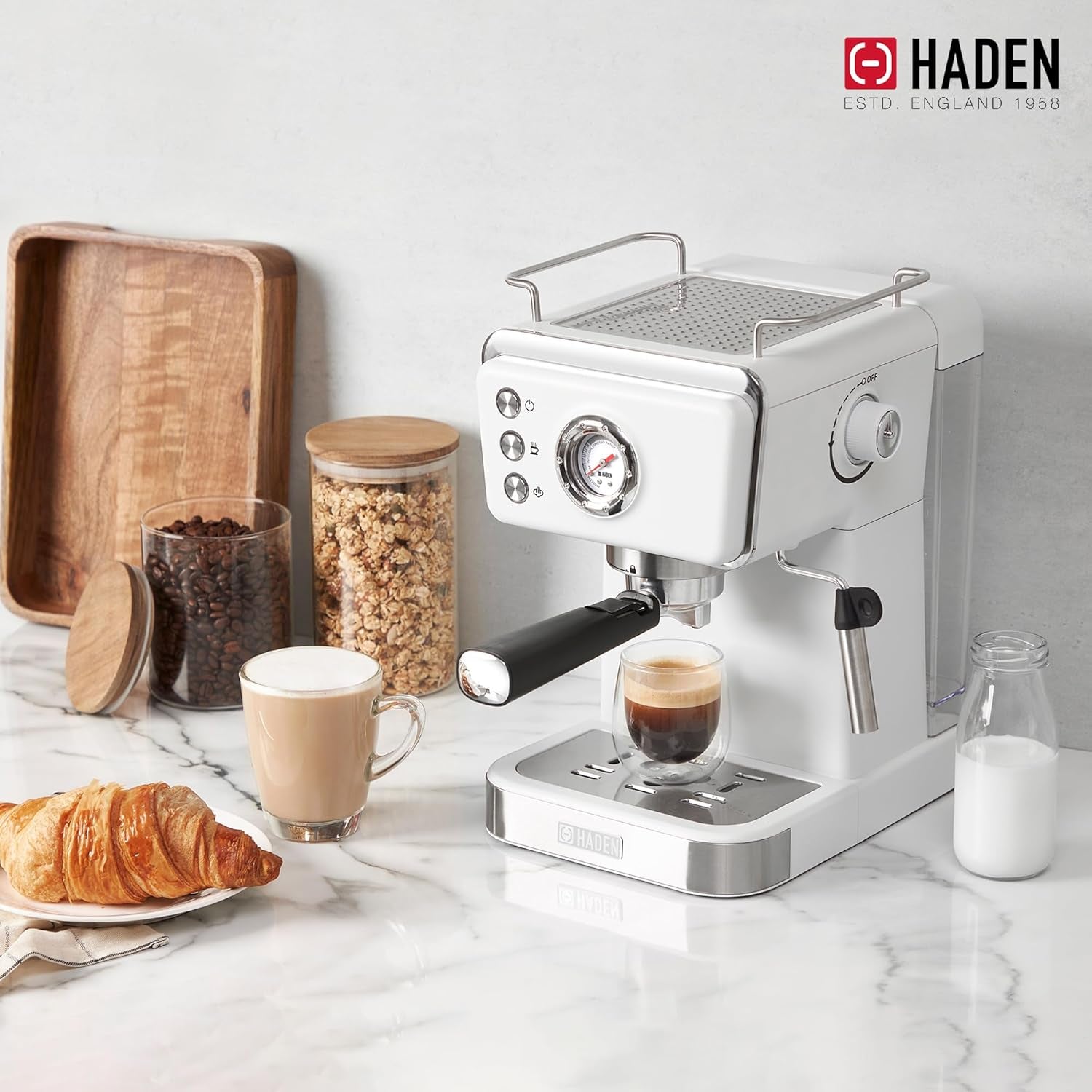 HADEN Barista Brew Espresso Coffee Machine Stainless Steel with Milk Frother and Steamer Function and 1.5L Water Tank Ivory & Copper