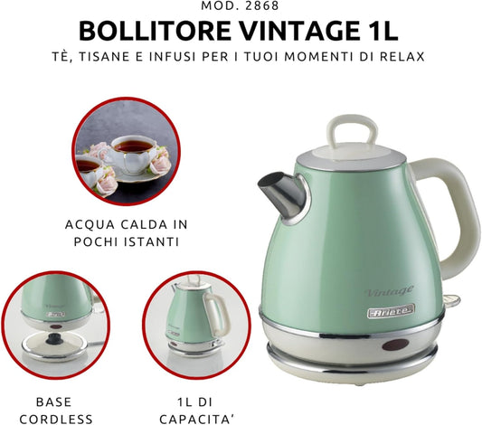 Ariete 2868 Vintage Bollitore Elettrico Di Design in Acciaio Inossidabile, 1600 W, 3 Cups, Verniciato, Verde