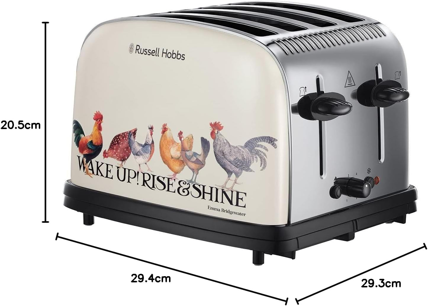 Emma Bridgewater Rise & Shine 4 Slice Toaster - (Independent & Wide Slots, 7 Browning Settings, Frozen/Cancel/Reheat with Illuminated Lights, Removable Crumb Trays, 1500W, Cream) 25780