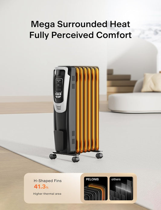 PELONIS Radiator Heater for Indoor Use Large Room with Remote, Thermostat & LED Display, Quiet Oil Filled Heater with 5 Temperature Settings, Overheat & Tip-Over Protection, Silver