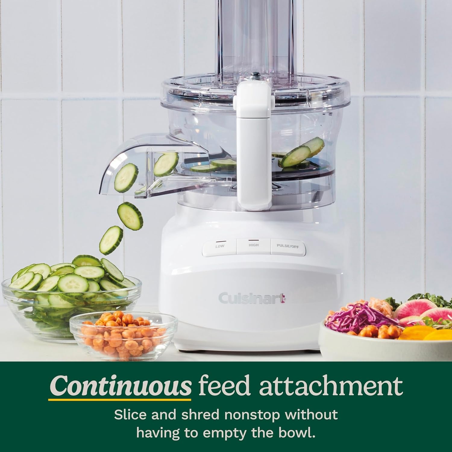 Cuisinart 9-Cup Continuous Feed Food Processor with Fine and Medium Reversible Shredding and Slicing Disc, Universal Blade, Continuous-Feed Attachment, and In-Bowl Storage (White)