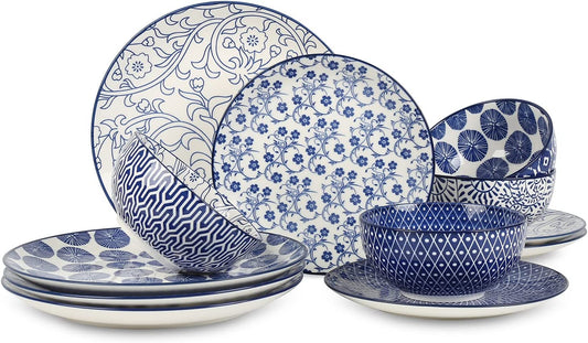 Selamica Ceramic 12-Pieces Dinnerware Sets, Ceramic Dish Plates and Bowls Sets, Service for 4, Dinner Salad Dessert Plates, and Cereal Bowls Set,Vintage Blue