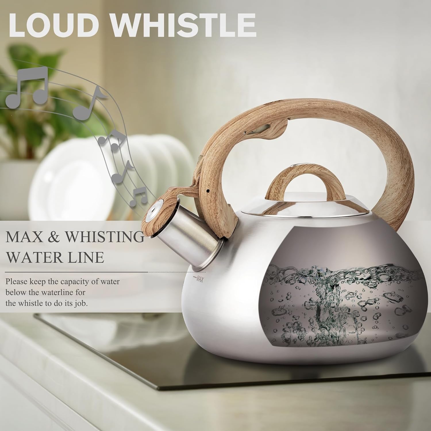 Tea Kettle Stovetop,2.0Qt Loud Whistling Kettle for Boiling Water Coffee or Milk, Food Grade Stainless Steel Tea Kettle with Wood Pattern Handle and Anti-Rust,Suitable for All Heat Sources