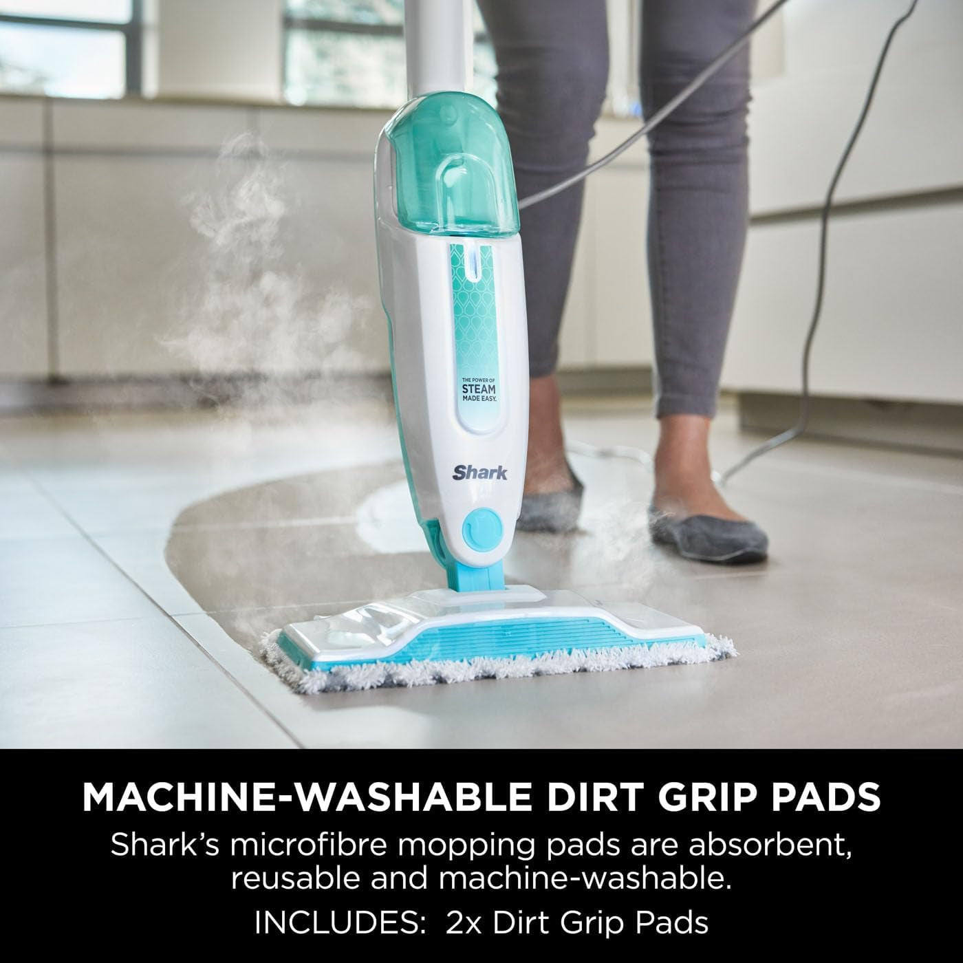 Shark Steam Mop with 2 Machine Washable Cleaning Pads & Fill Flask White & Green