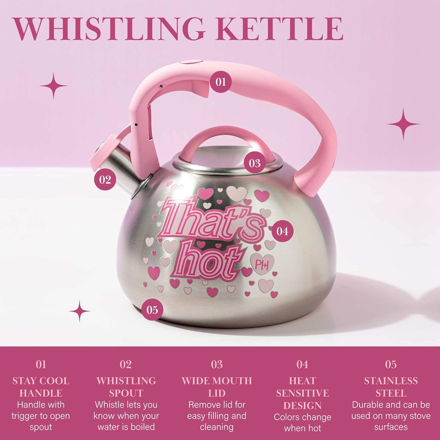 Paris Hilton Whistling Stovetop Tea Kettle, Stainless Steel with Color Changing "That'S Hot" Heat Indicator Design, Soft Touch Handle, 2.5-Quart, Pink